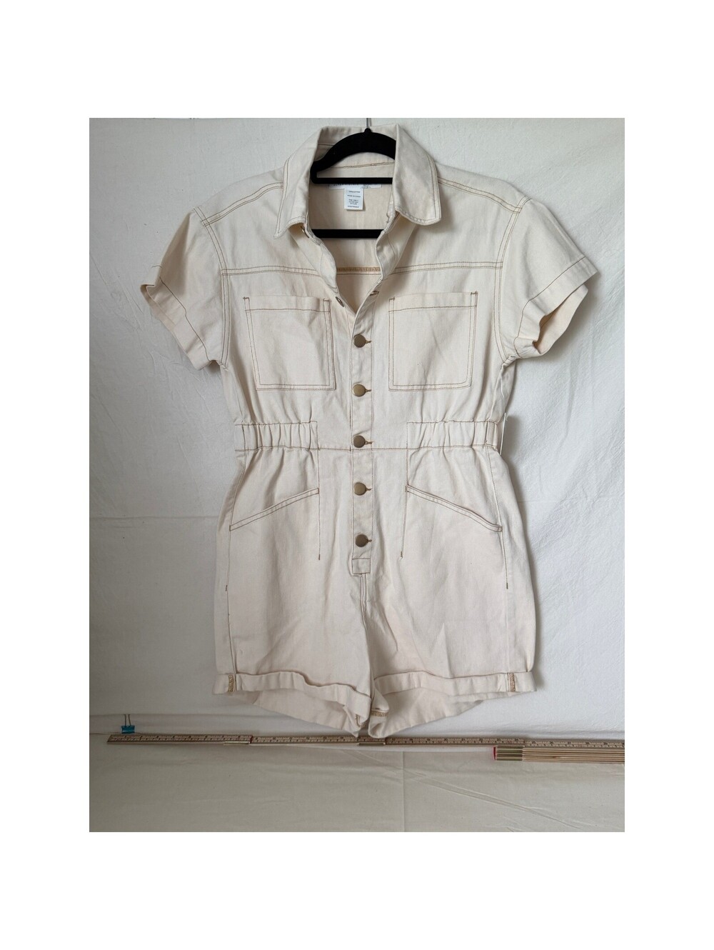 Altar'd State Utility Romper Cream Cotton Denim Button Front Small E0537W022JI